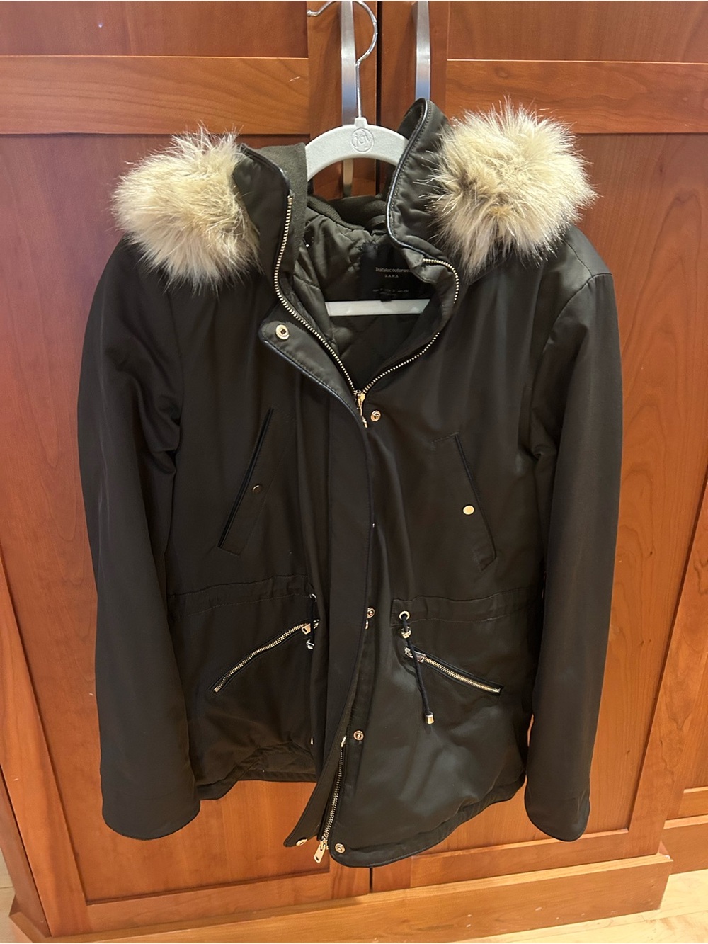 Zara Black Parka Jacket with Faux Fur Trim